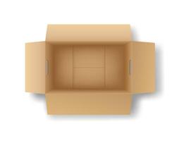 Open cardboard box viewed from above. The box is empty and has side flaps open, revealing its interior. It has two handles on a plain white background. vector