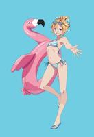 Anime style girl with cheerful expression in a striped bikini and flamingo float. She stands playfully against a solid blue background. Vibrant summer illustration. vector