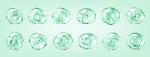 Collagen molecules bouncing in bubbles realistic color icons set. Serum for skincare 3d objects bundle on green background vector