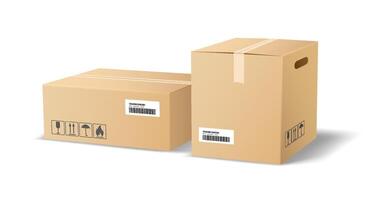Illustration of two cardboard boxes with labels against white background. Realistic style depicts shipping packaging with barcodes. Ideal for logistics themes. vector