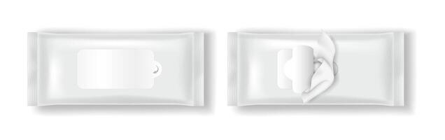 Realistic packaging mockup of wet wipes in white. Perfect for hygiene product presentations. Clean and minimal design suitable for branding on white background. vector