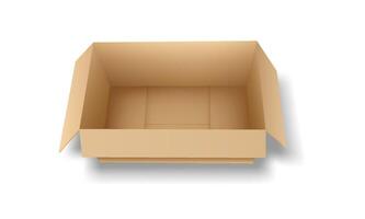 Realistic rendering of an open cardboard box seen from above, in neutral brown tones. Ideal for use in packaging concepts, moving illustrations, or storage visuals. vector