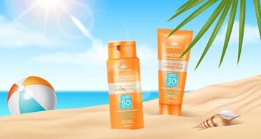 Illustration of sunscreen bottles on sunny beach with vibrant colors. Perfect for promoting skincare and sun protection. Bright, summery setting with tropical elements. vector