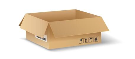Illustration of an open cardboard box with printed icons in a realistic style on a clean white background. Used for packaging, shipping concepts, or storage solutions. vector