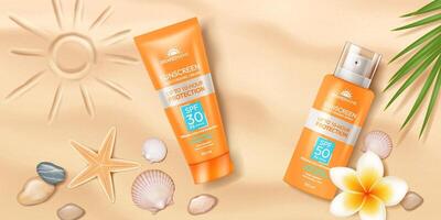 Sunscreen products designed for sun protection displayed on sandy beach. Vibrant orange packaging with SPF details stands out. Decorative seashells and starfish enhance a summer vibe. vector