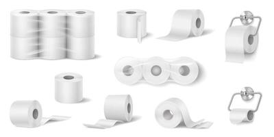 Illustration of toilet paper rolls in various settings. White color scheme. Useful for hygiene and health concepts, bathroom decor, and household essentials. vector
