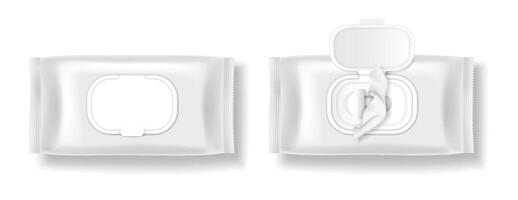 Realistic illustration of wet wipes packaging. The package is sleek and modern in design with an open lid. Ideal for hygiene and personal care products. vector