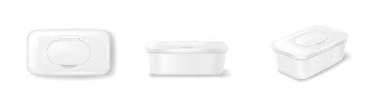 Realistic illustration of white plastic wet wipe boxes in different angles. These containers are ideal for showcasing packaging designs. Isolated on a white background. vector