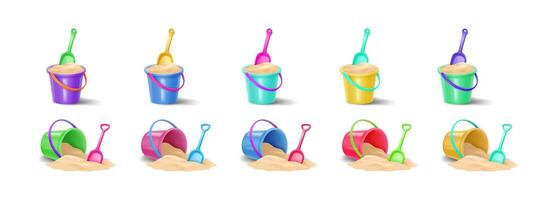 Brightly colored sand buckets with matching shovels on a white background. Some buckets are upright filled with sand while others are overturned spilling sand onto the ground. vector