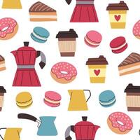 Coffee cartoon pattern. Coffee paper cups, donuts, macaroons, geyser coffee makers and cezves on a white background. vector