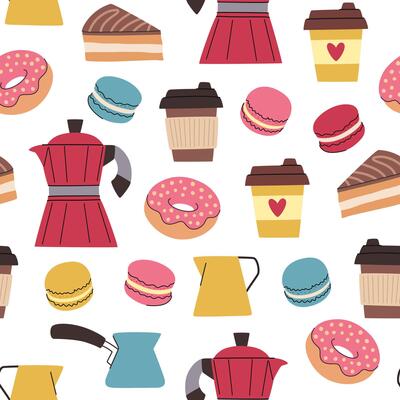 Coffee cartoon pattern. Coffee paper cups, donuts, macaroons, geyser coffee makers and cezves on a white background.