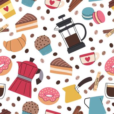 Coffee brewing accessories and sweets cartoon seamless pattern. Geyser coffee maker, cup, French press, croissant and other sweets. Seamless background.