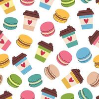 Coffee cartoon pattern. Multicolored paper coffee cups and macaroons. vector