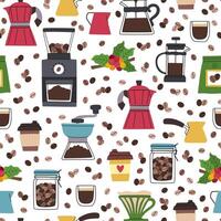 Colorful coffee brewing tools and beans pattern vector