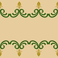 Sense of Luxury Filigree Scroll Ornament Gold and Green on Tan Beige Background Border Pattern. Royal Elegance Baroque Curly Swirl Frame for Decoration Invitation Striped Apparel Embroidery Abstract vector