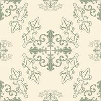 Elaborate Dreams Mythology Vibe Artwork. Royal Luxury Hand Drawn Florals Green Scroll Ornament on Beige Background Seamless Pattern. Flourish Detailed Repeat Silk Weaves Filigree Textiles Handkerchief vector