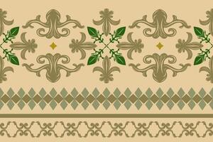 Elegance Masterpiece Medieval Fleur de lis Baroque Rococo Style Seamless Border Pattern. Marvelous Green Emerald Grandiose with Gold Ornament on Tan Beige Background. Tiles Carpet Curtain Apparel Silk vector