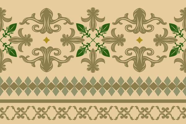 Elegance Masterpiece Medieval Fleur de lis Baroque Rococo Style Seamless Border Pattern. Marvelous Green Emerald Grandiose with Gold Ornament on Tan Beige Background. Tiles Carpet Curtain Apparel Silk