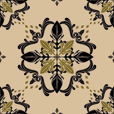 Charming Tasteful Royal Black and Gold Intricate Florals Ornament on Tan Background Border Pattern. Artistry Baroque Scroll Ornament Geometric Diamond Decoration for Embroidery Wallpaper Backdrop Tile