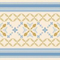Expensive Royal Silk Weaves Elaborate Charming Florals Arranged With Blue Gold Scroll Ornament Border Pattern. Fine Medieval Neo Classic Luxury Style for Fabrics Textiles Texture Apparel Mosaic Banner vector