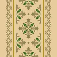 Baroque Oasis Ancient Inspired Filigree Scroll Ornament with Deep Green Lusty Gold on Tan Beige Background. Royal Luxury Summer Renaissance Cross Florals Element for Apparel Scarf Tiles Border Pattern vector