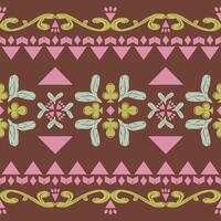Pink Triangle Boho Style with Scroll Ornament Greenish Mint on Dark Brown Background Luxury Vintage Decoration Pattern. Sweet Kind of Abstract Detailed for Textile Border Embroidery Sleeve Neck Collar vector