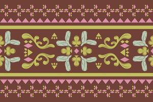 Artistic Delicate Luxury Scroll Ornament Greenish Mint Pink on Dark Brown Background Botanical Style Pattern. Geometric Motif and Mythology Bohemian Decoration for Border Striped Embroidery Cloth Lace vector
