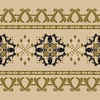 Golden Damask Victorian Baroque Rococo Combine Era Scroll Ornament With Royal Gold White Black on Tan Beige Background. Elegance Ikat Luxury Border Pattern for Apparel Bedding Embroidery Mattress Lace vector