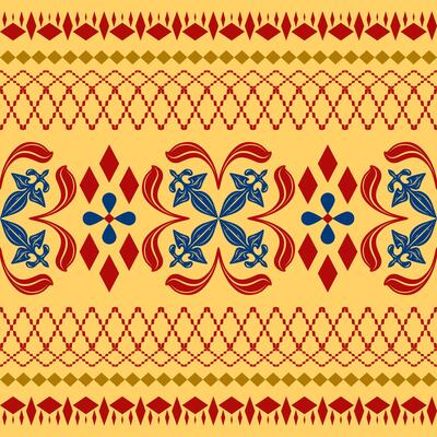 Baroque and Classical Floral Motif Shine and Elegance Red Blue Gold on Yellow Background. Delicate Harmony Geometric Border Pattern for Wealth Opulence Decoration Style Apparel Embroidery Royal Design