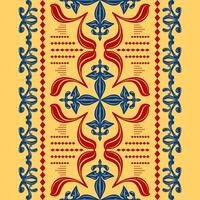 Exotic Vintage Baroque Embroidery Geometric Combine Contrast Color Red Blue Gold on Yellow Background Design Pattern. Intricate Ancient Scroll Ornament Abstract Florals Mosaic Tiles Craft Border Scarf vector