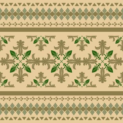 Royal Garland Ornament Haute Couture Medieval Baroque Old Money Seamless Border Pattern. Fleur de lis Lily Blooming with Deep Green Gold on Light Brown Background for Decoration Embroidery Apparel Rug