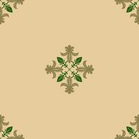 Renaissance Botany Seamless Royal Green Gold Scroll Ornament on Beige Background Repeat Detailed Pattern. Luxury Blooming Fleur de lis Cross Lily Royal Tiles Floor Design Mosaic Ceramic Rug Embroidery vector