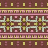 Geometric Traditional Motif Tribal Combine Fleur de lis Scroll Ornament Border Pattern with Embroidery Green Pink Mint on Dark Brown Background. Delicate Beautiful Ancient Boho Luxury Style Decoration vector