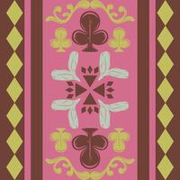 Sweet Bohemian Scroll Whimsical Ornament Pink Green on Dark Brown Chocolate Background. Delicate Hand Drawn Pattern Spade and Blooming Geometric Diamond Shape For Retro Decoration Border Embroidery vector