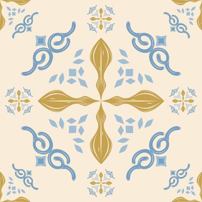 Flourish Delicate Detailed of Luxury Abstract Scroll Baroque Ornament with Blue and Gold on Light Beige Background Rich Elegance Medieval Seamless Pattern for Tiles Floor Decoration Paint Mosaic Batik