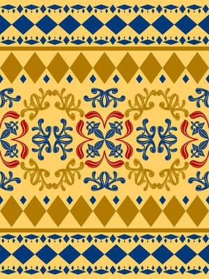 Royal Elegance Colorful Carnival Argyle Inspired Seamless Pattern with Luxury Baroque Ornament Gold Red Navy Blue on Yellow Background. Elaborate Honor Charming Border Embroidery Attire Apparel Scarf