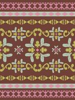 Sweet Dreamy Bohemian With Pink Green Mint Blooming Wines on Dark Brown Background. Whimsical Delicate Seamless Border Pattern Scroll Ornament and Geometric Style for Embroidery Canvas Bag Scarf Weave vector