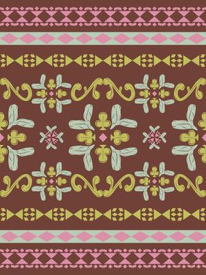 Sweet Dreamy Bohemian With Pink Green Mint Blooming Wines on Dark Brown Background. Whimsical Delicate Seamless Border Pattern Scroll Ornament and Geometric Style for Embroidery Canvas Bag Scarf Weave