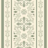 Delicate Exquisite Detailed of Botany Baroque Filigree Fleur de lis with Green Olive Scroll Ornament Diamond Geometric on Cream Background. Luxury Classy Rococo Seamless Border Pattern Embroidery Lace vector