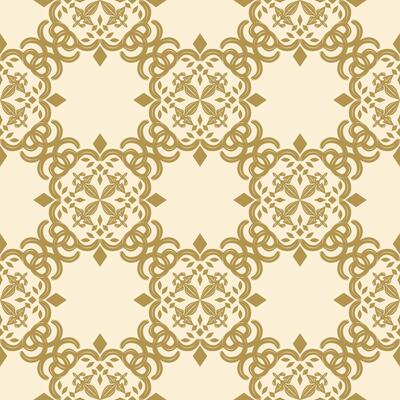 Seamless Baroque Rococo Style with Golden Scroll Ornament Embroidery Florals on Beige Background Detailed Pattern for Monogram Repeat Paper Letter Invitation Tablecloth Dress Apparel Mattress Lace Rug