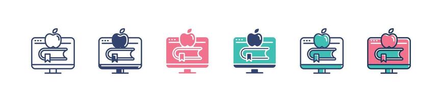 monitor digital library book icon set online course literature education learning media illustration with book and apple stack signs for web and app vector