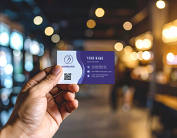 Hand Business Card Mock Up Warm Bokeh Lights Cafe Setting psd
