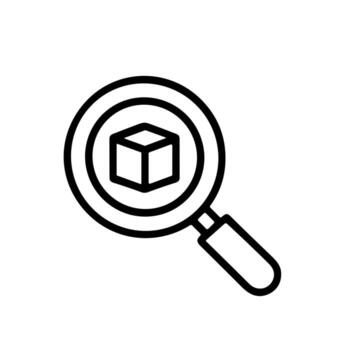 Outline Simple Magnifying Glass with Cube Shape Object Icon vector