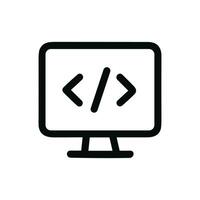 Simple Outline Style Monitor with Code Symbol on Screen Icon vector