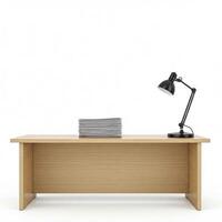 A desk with a lamp and a large stack of paper work isolated on white photo