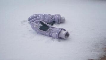 Mittens lie in fresh snow on a winter day video