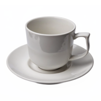 White Ceramic Coffee Cup with Handle on Matching Saucer Transparent Background Clipping Path png