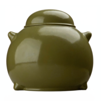Clay Green Pot with Lid Wide Round Shape and Small Handles Transparent Background png