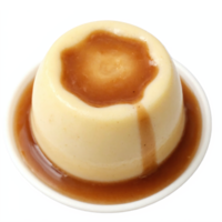 Creamy Vanilla Pudding with Caramel Sauce on White Plate Transparent Background Clipping Path png