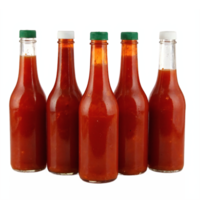 Hot Sauce Bottles Filled with Spicy Red Sauce Green and White Caps Transparent Background Clipping Path png